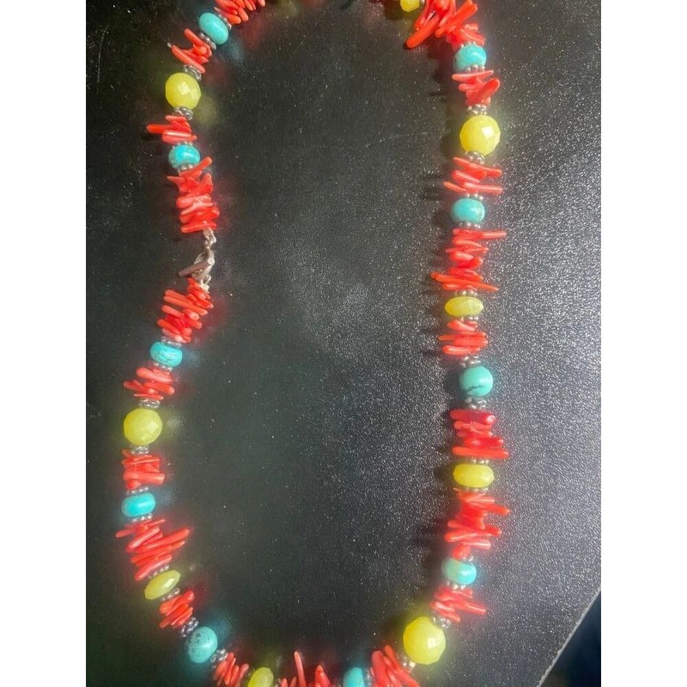 Red Coral Branch Turquoise Yellow Beaded Choker Necklace Southwest Boho